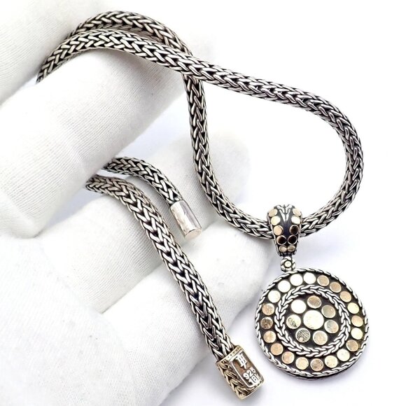 Authentic! John Hardy JH 18k Yellow Gold Silver Dot Pendant And Necklace - Picture 4 of 10